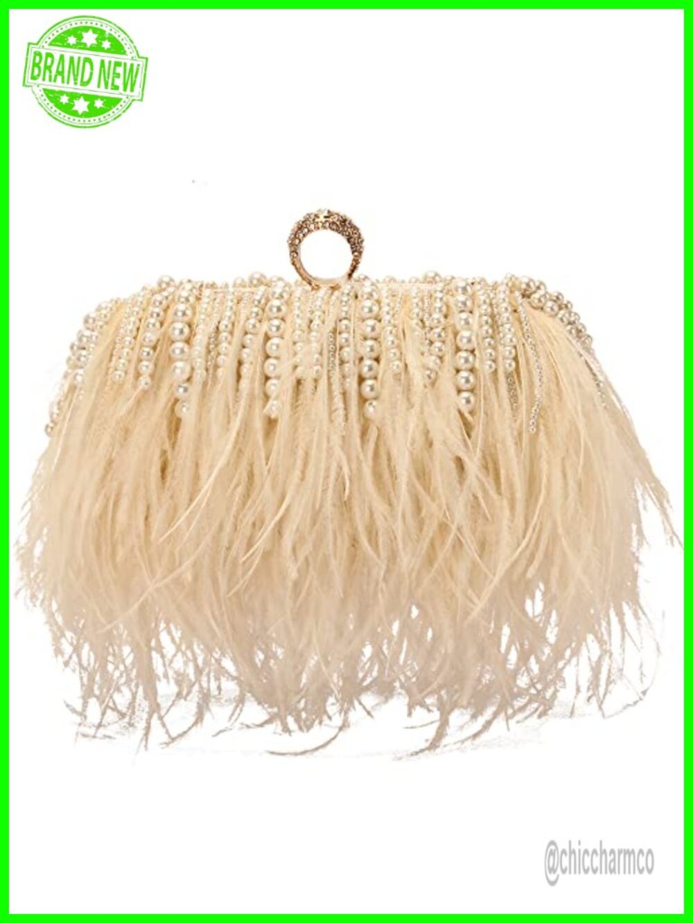 Ostrich Feather Evening Clutch Vintage Banquet Handbag with Detachable Chain